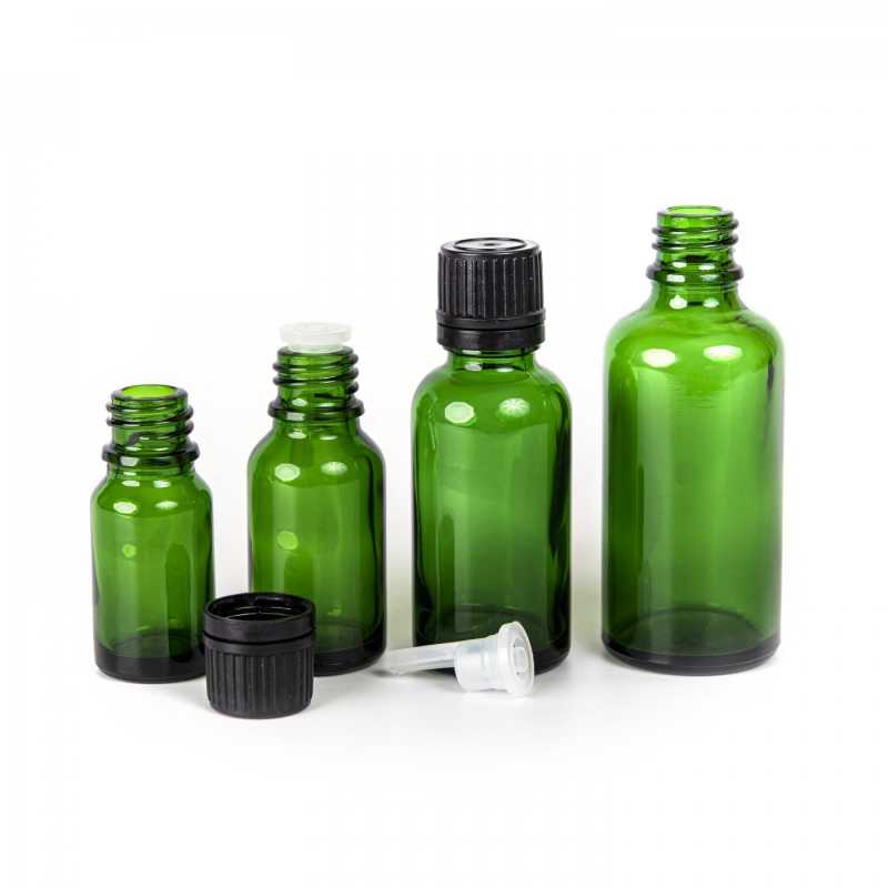 Bouteille en verre vert, bouchon noir et compte-gouttes 50 ml