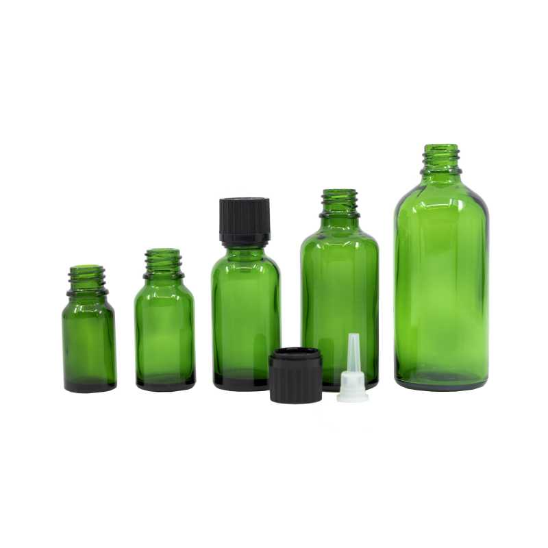 Flacon en verre vert, bouchon de sécurité noir et compte-gouttes 100 ml
