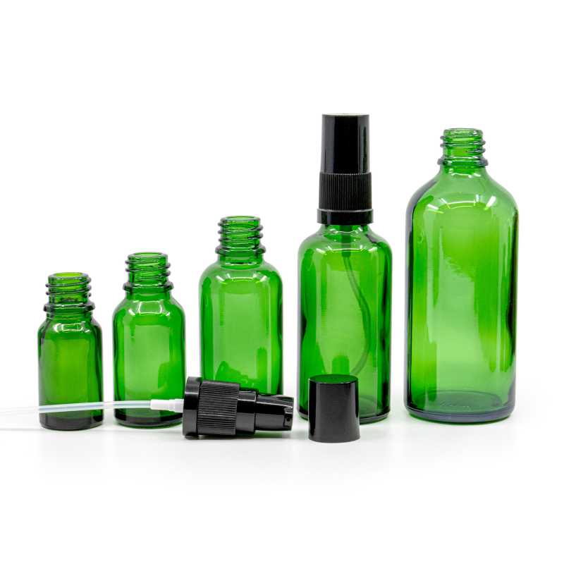 Flacon en verre vert, pompe à lotion noire avec bouchon noir, 10 ml