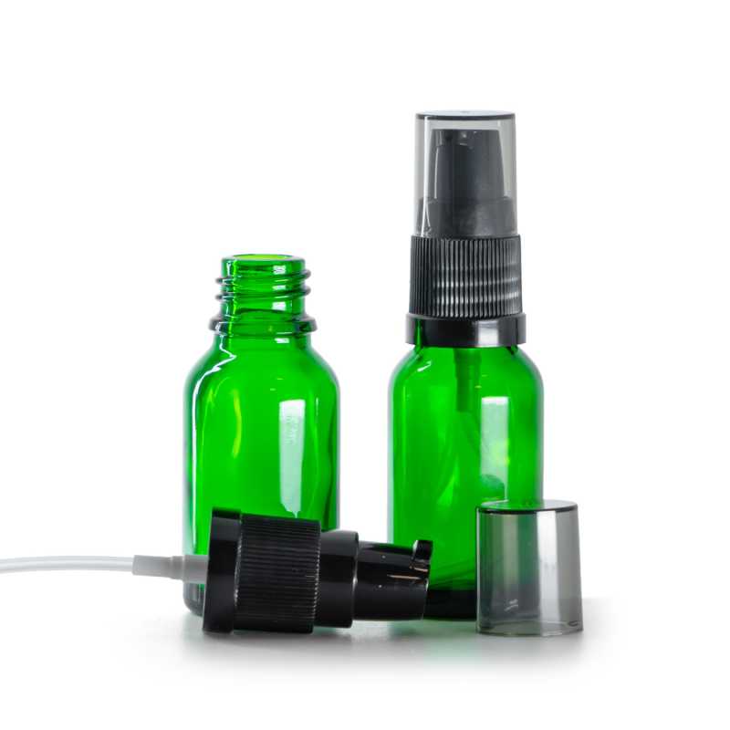 Flacon en verre vert, distributeur de crème avec surcapuchon fumé, 15 ml