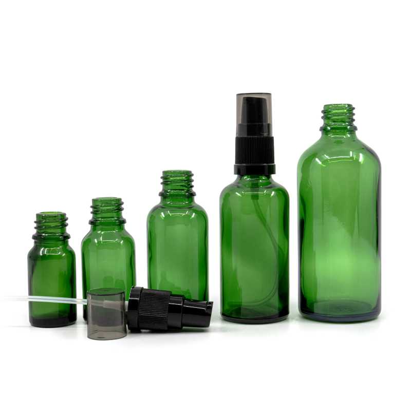 Flacon en verre vert, pompe à lotion noire avec bouchon fumé, 10 ml
