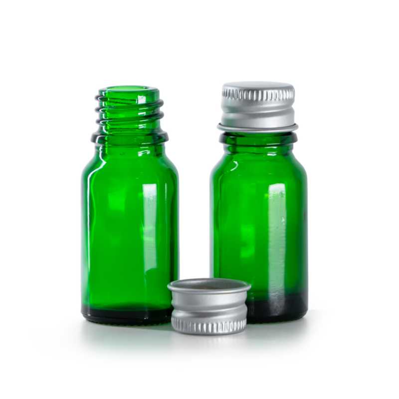 Flacon en verre vert, bouchon en aluminium, 10 ml