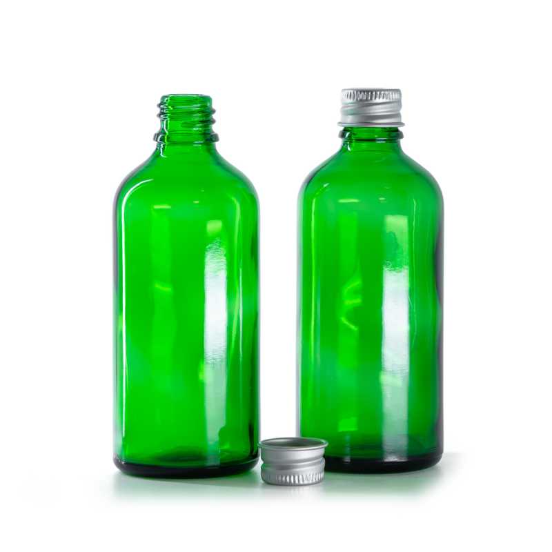 Flacon en verre vert, bouchon en aluminium, 100 ml