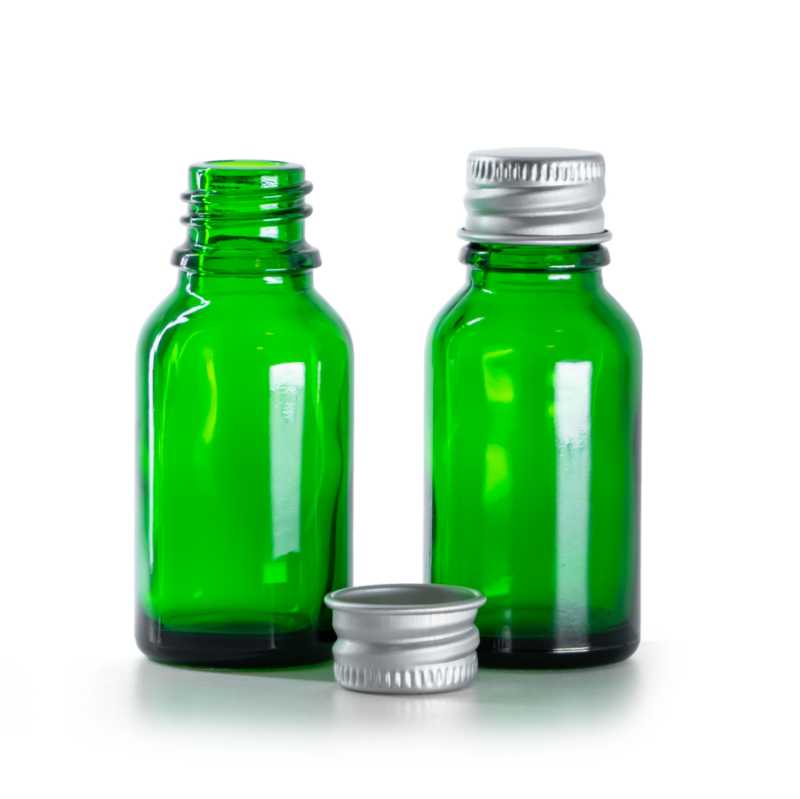 Flacon en verre vert, bouchon en aluminium, 15 ml