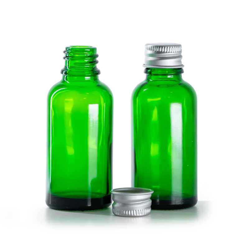 Flacon en verre vert, bouchon en aluminium, 30 ml