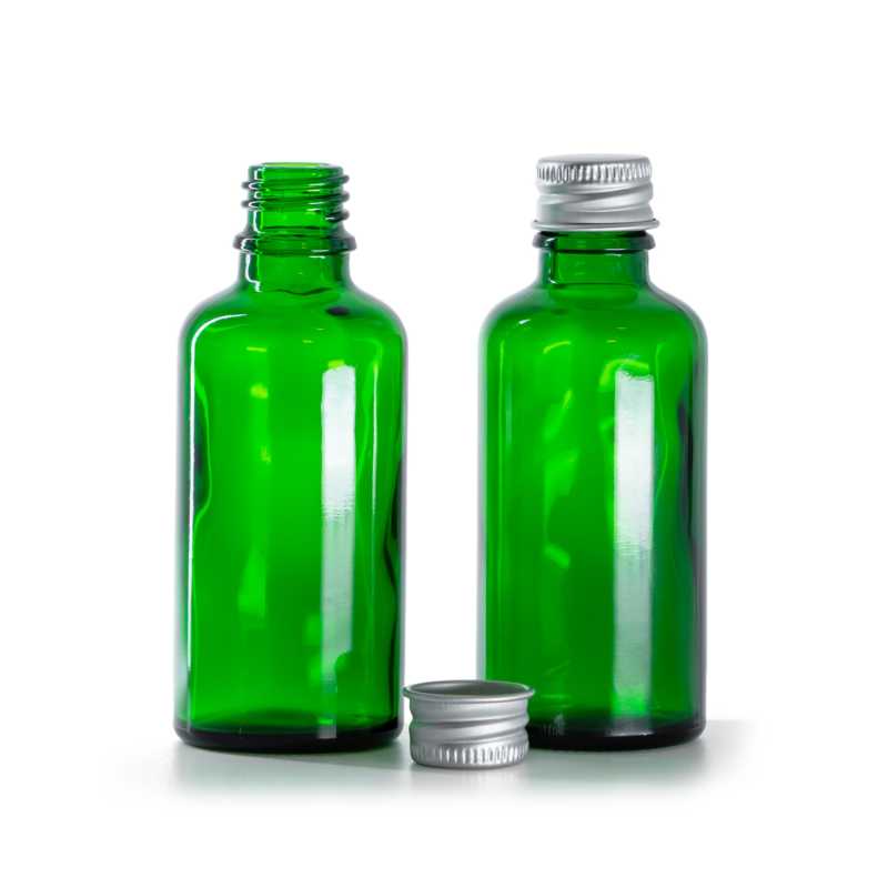 Flacon en verre vert, bouchon en aluminium argenté, 50 ml