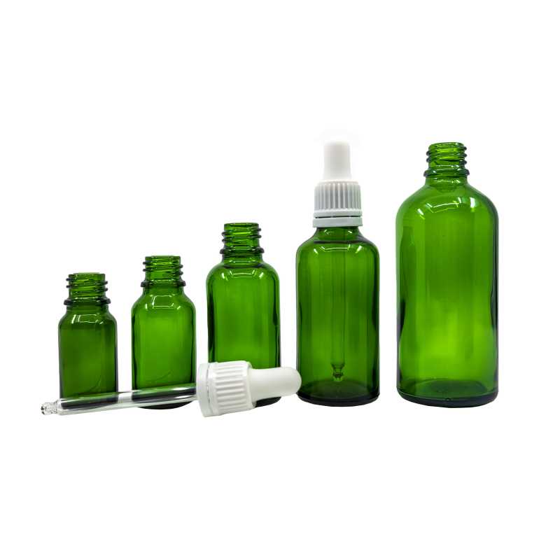 Flacon en verre vert, compte-gouttes blanc, 30 ml