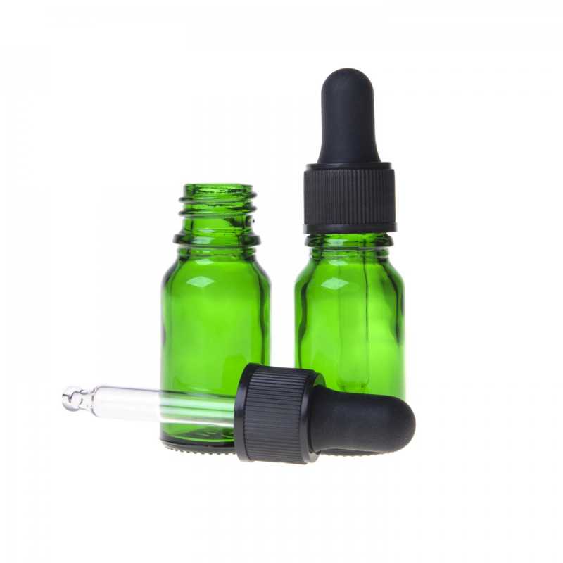 Flacon en verre vert, compte-gouttes noir mat, 10 ml