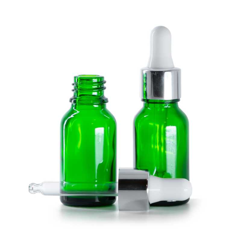 Flacon en verre vert avec pipette argentée brillante, 15 ml