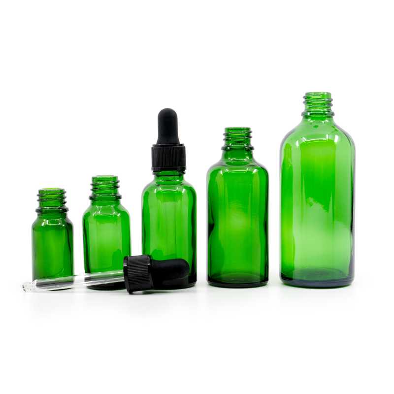 Bouteille en verre vert, compte-gouttes noir mat, 30 ml