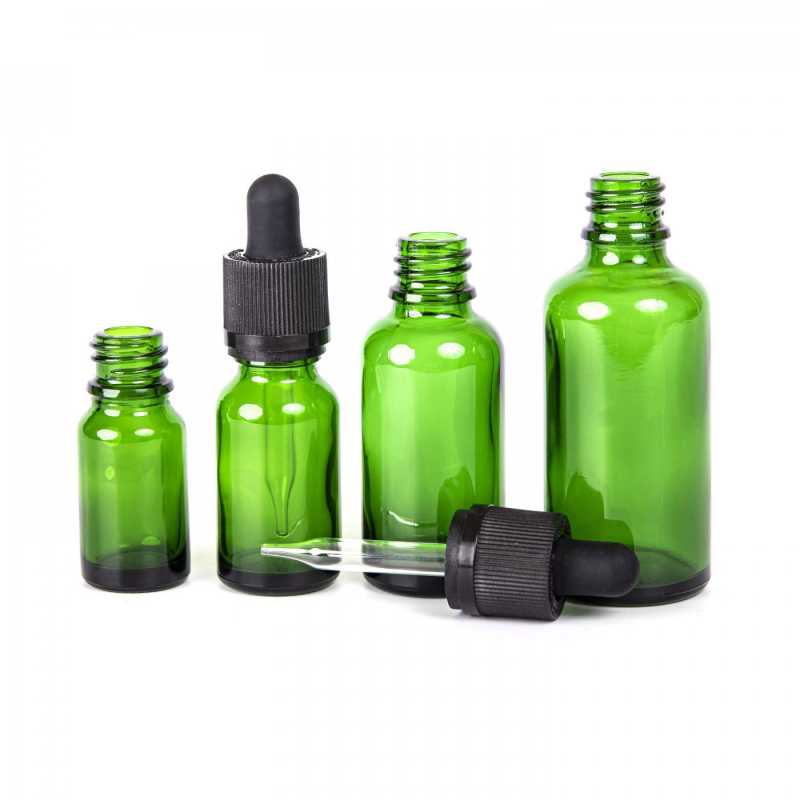 Flacon en verre vert, compte-gouttes de sécurité noir, 10 ml