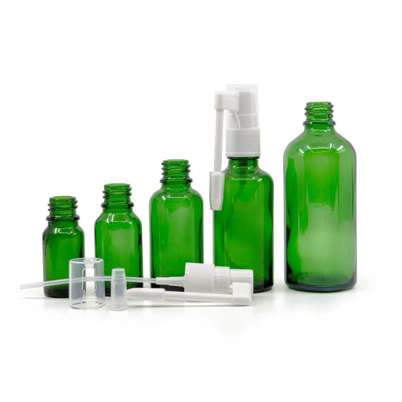 Flacon en verre vert, spray oral blanc, 30 ml
