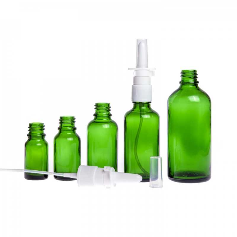 Flacon en verre vert, spray nasal blanc, 100 ml