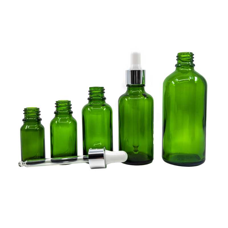 Bouteille en verre vert, compte-gouttes blanc argenté brillant, 100 ml