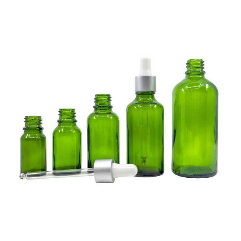 Bouteille en verre vert, compte-gouttes en argent mat, 100 ml