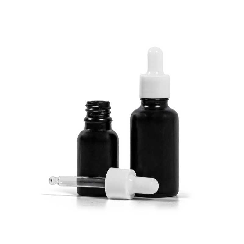 Flacon en verre noir mat, compte-gouttes blanc brillant, 30 ml