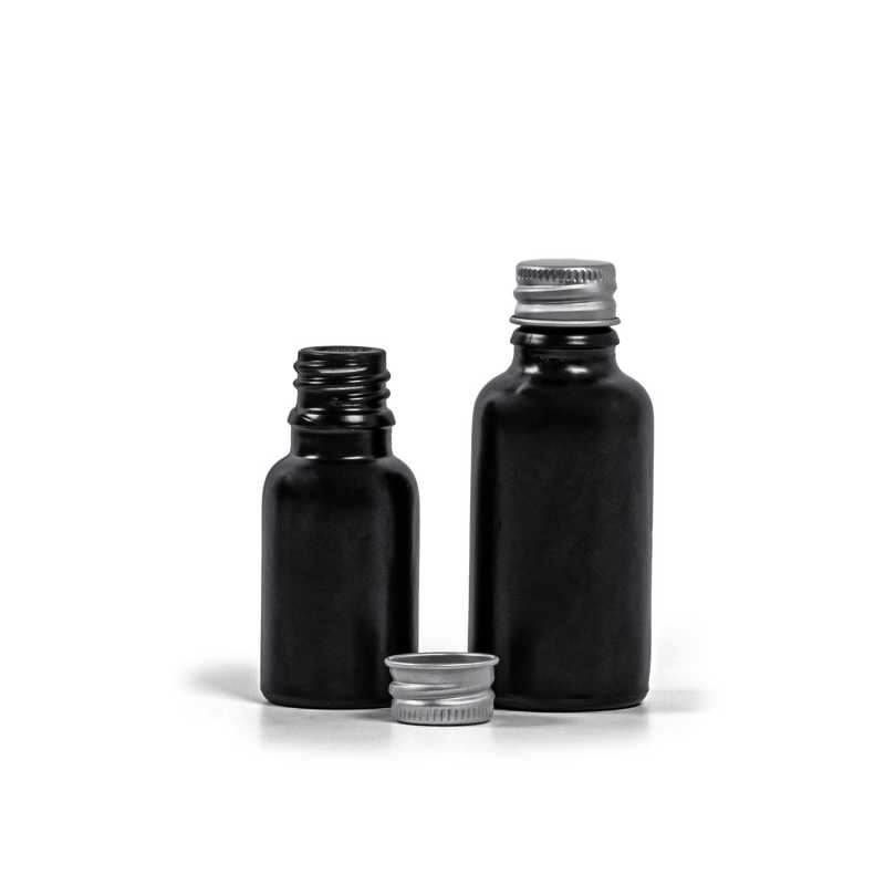 Bouteille en verre noir mat, bouchon en aluminium argenté, 30 ml
