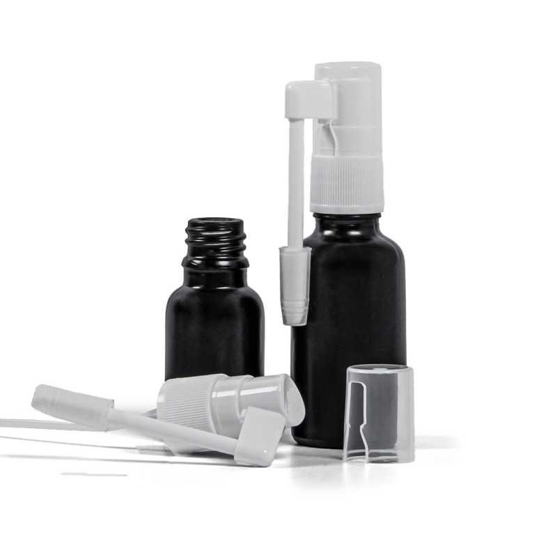 Flacon en verre noir mat, spray oral blanc, 30 ml