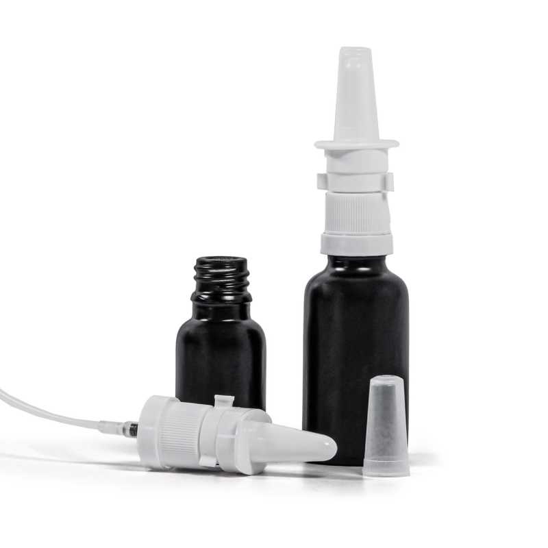 Flacon en verre noir mat, spray nasal blanc, 30 ml