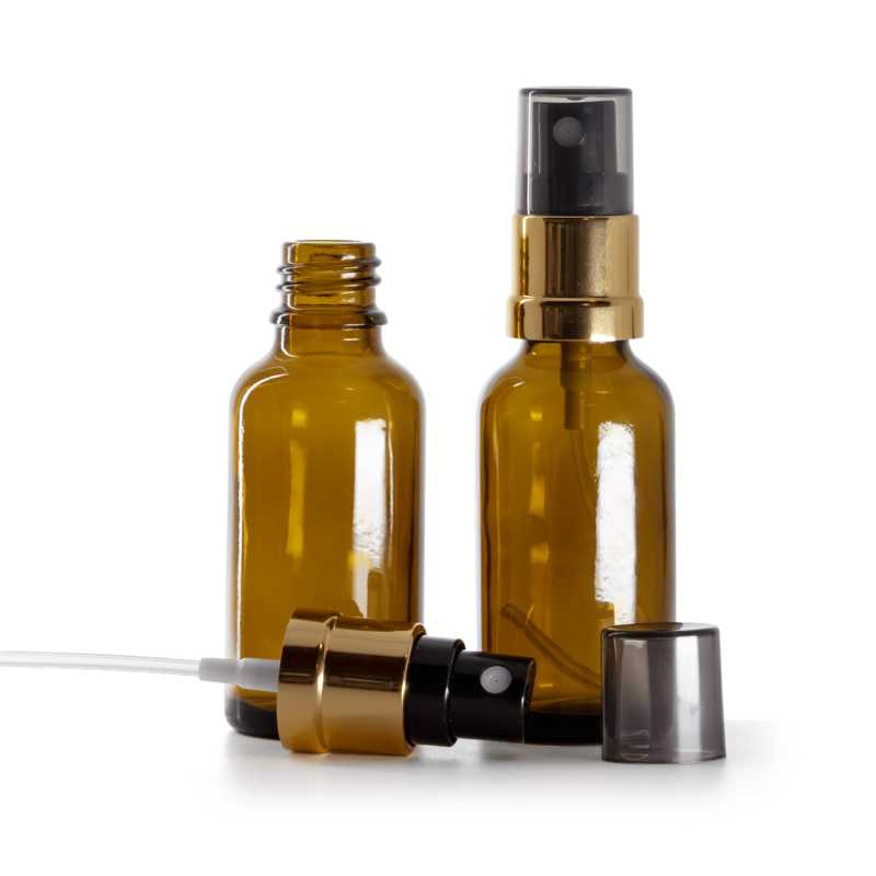 Bouteille en verre ambré, spray noir doré, bouchon fumé, 30 ml