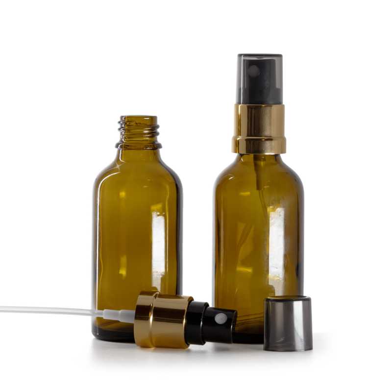 Bouteille en verre ambré, spray noir doré, bouchon fumé, 50 ml