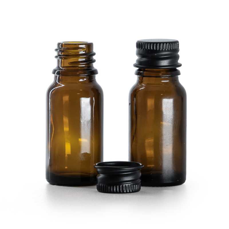 Flacon en verre ambré, bouchon en aluminium noir, 10 ml