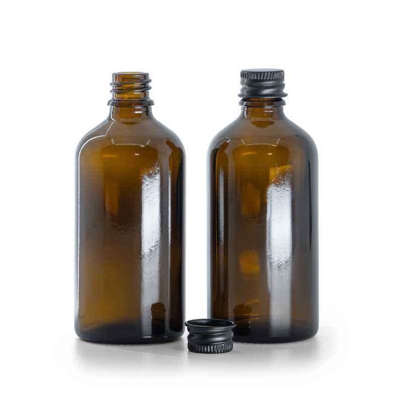 Bouteille en verre ambré, bouchon en aluminium noir, 100 ml