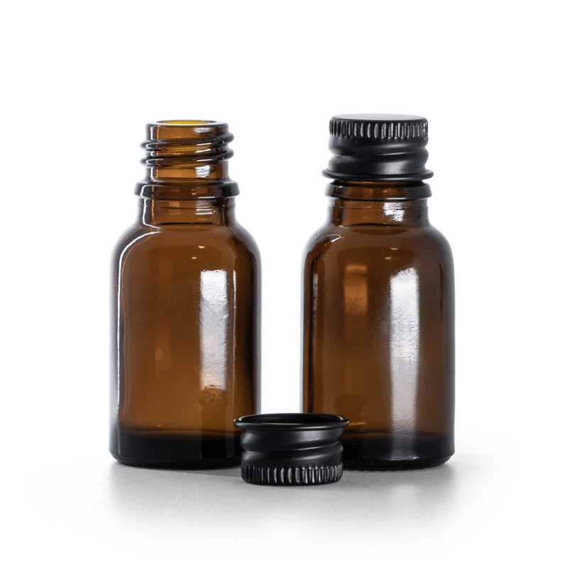 Flacon en verre ambré, bouchon en aluminium noir, 15 ml