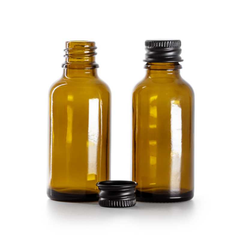 Bouteille en verre ambré, bouchon en aluminium noir, 30 ml