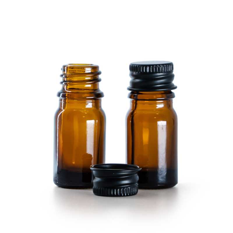 Flacon en verre ambré, bouchon en aluminium noir, 5 ml
