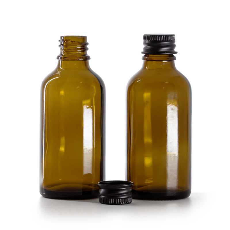 Bouteille en verre ambré, bouchon en aluminium noir, 50 ml