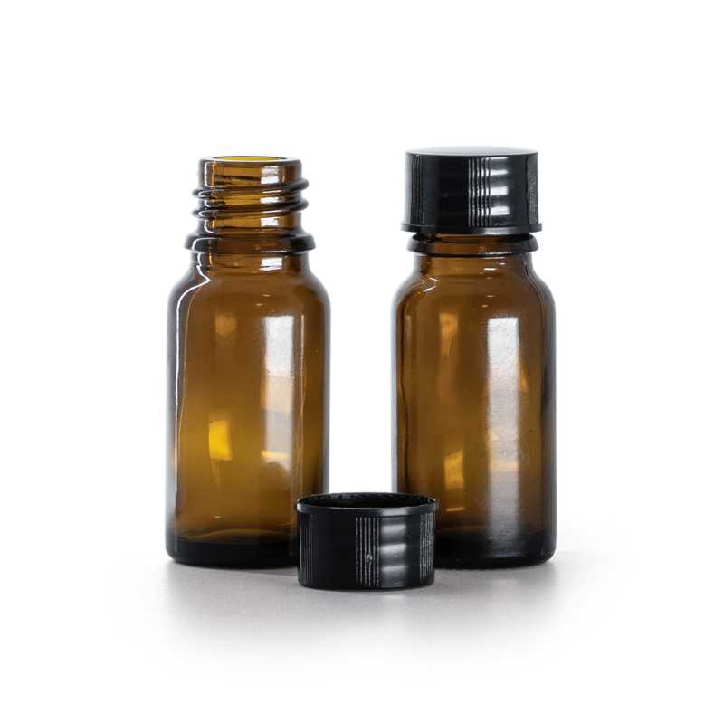 Flacon en verre ambré, bouchon noir, 10 ml