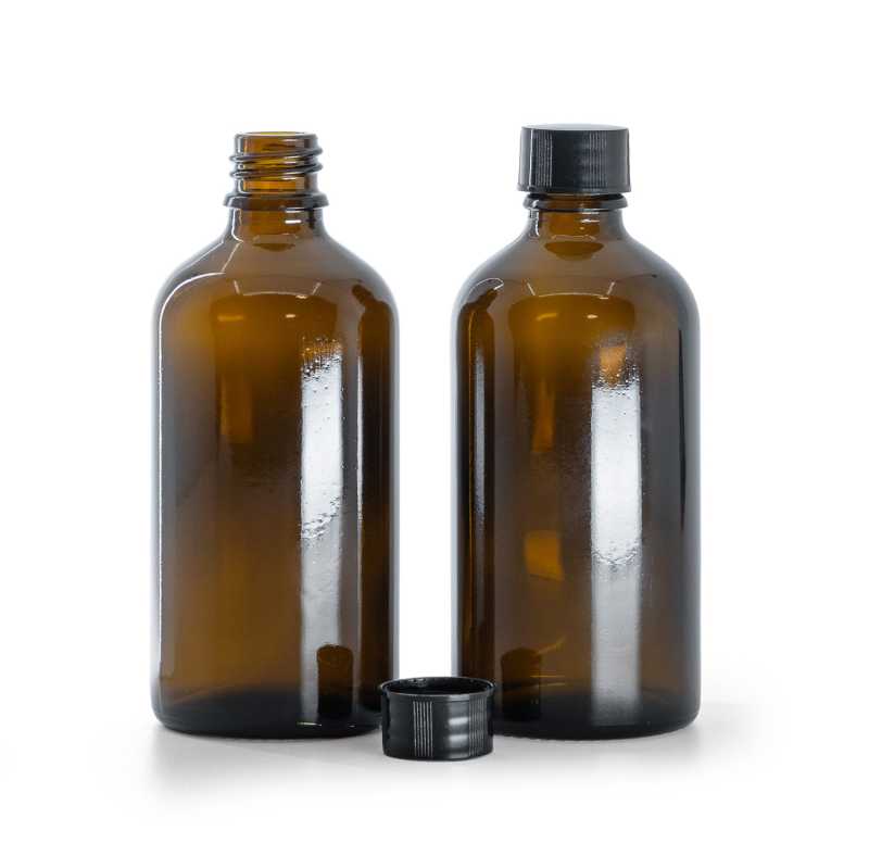 Bouteille en verre ambré, bouchon noir, 100 ml