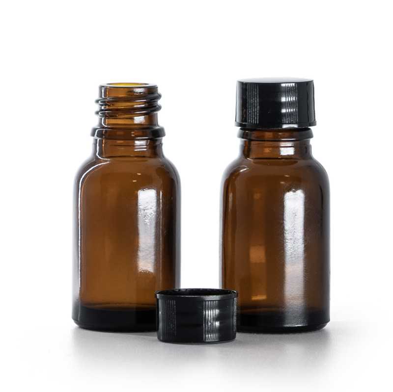 Flacon en verre ambré, bouchon noir, 15 ml