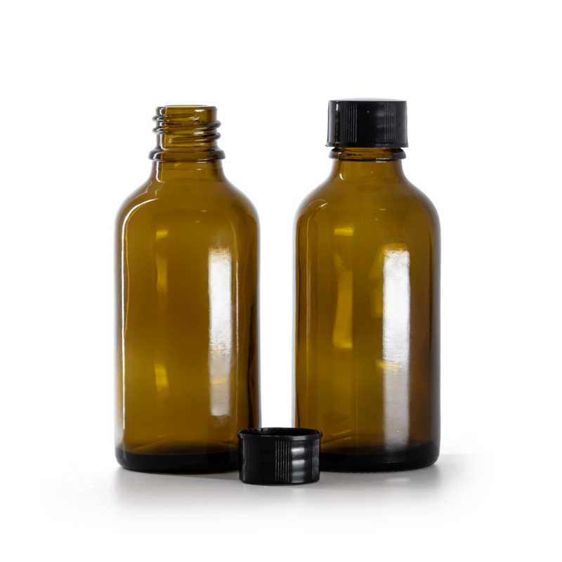 Bouteille en verre ambré, bouchon noir, 50 ml