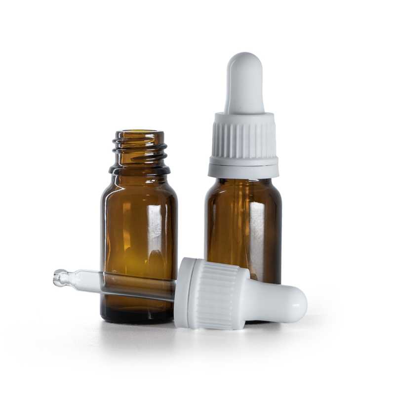 Flacon en verre ambré, compte-gouttes blanc, 10 ml