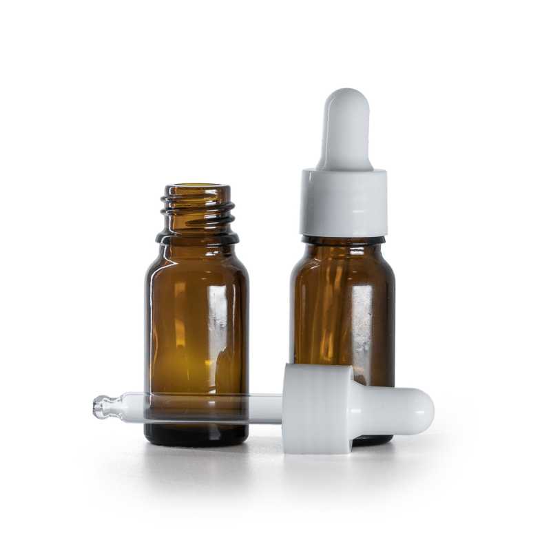 Flacon en verre ambré, compte-gouttes blanc brillant, 10 ml