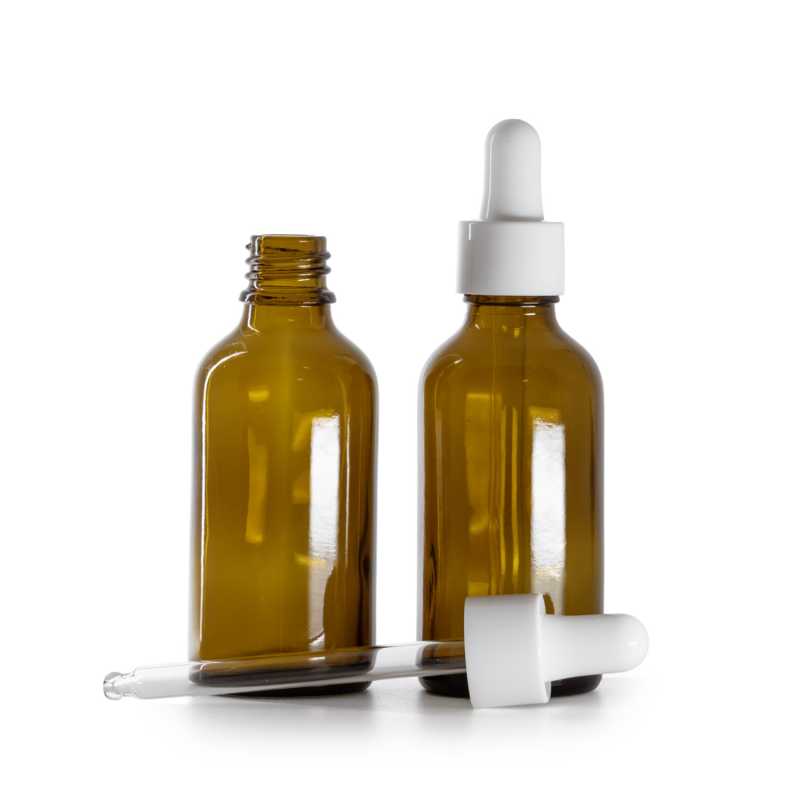 Flacon en verre ambré, compte-gouttes blanc brillant, 50 ml