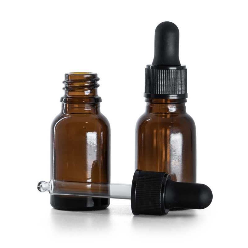 Flacon en verre ambré, compte-gouttes noir mat, 15 ml