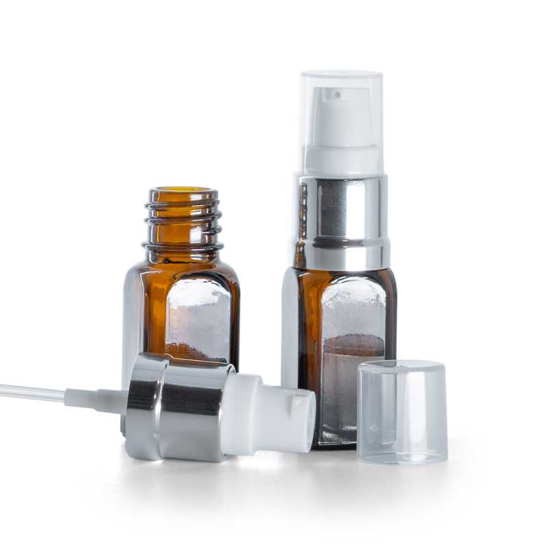 Flacon carré en verre d'Ambre, pompe en argent brillant blanc, 10 ml