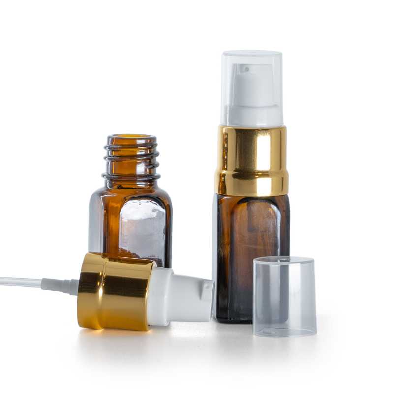 Flacon carré en verre d'Ambre, pompe brillante blanc doré, 10 ml