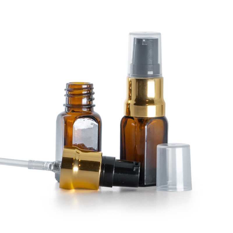 Flacon carré en verre ambré, pompe noire or brillante avec bouchon transparent, 10 ml