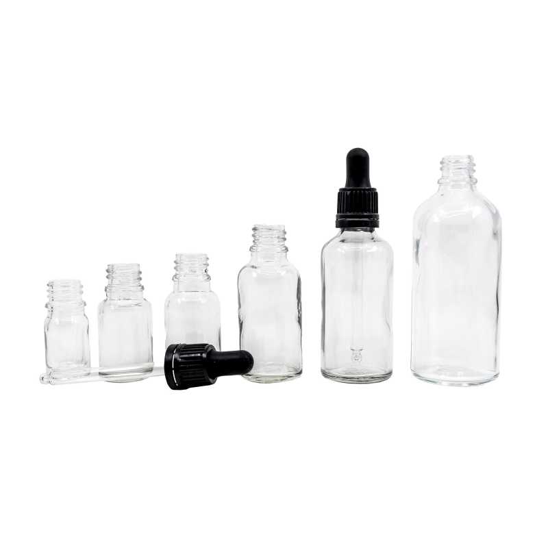 Flacon en verre transparent, compte-gouttes noir inviolable, 30 ml