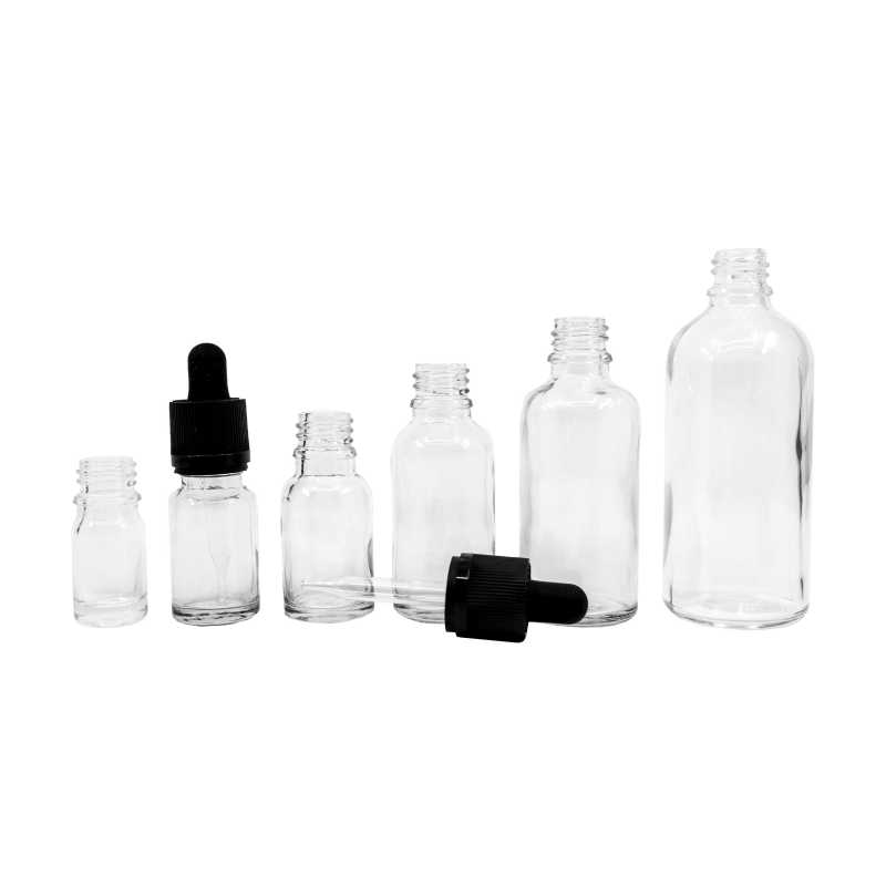 Flacon en verre transparent, compte-gouttes de sécurité noir à témoin d'intégrité, 15 ml