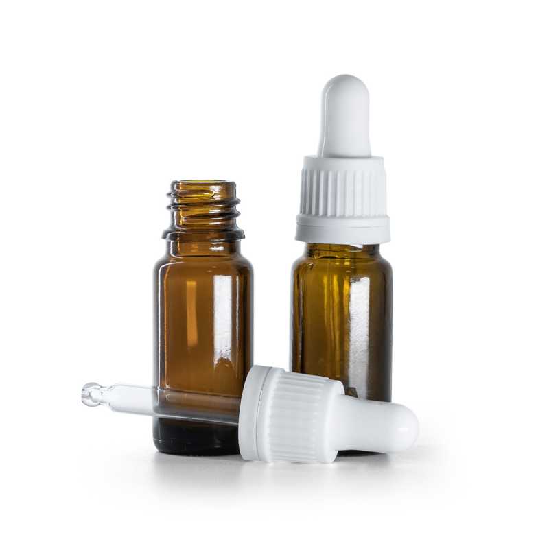 Flacon en verre ambré, type B Slim, compte-gouttes blanc, 10 ml