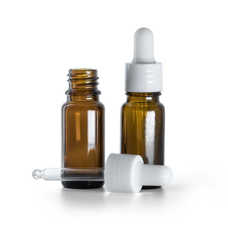 Flacon en verre ambré, type B, mince, compte-gouttes blanc brillant, 10 ml