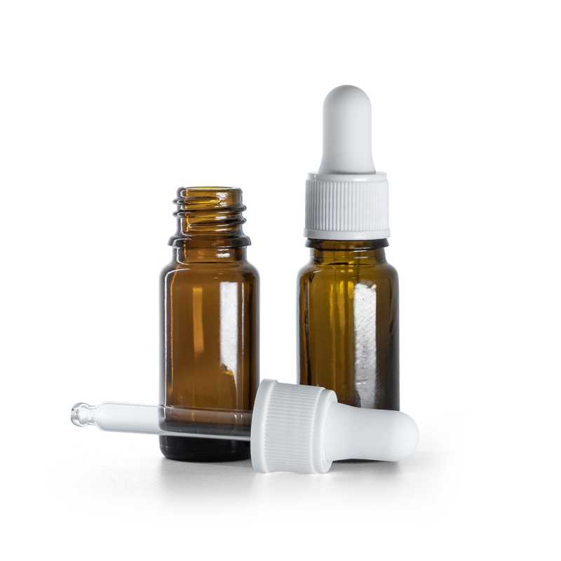 Flacon en verre ambré, type B, mince, compte-gouttes blanc mat, 10 ml