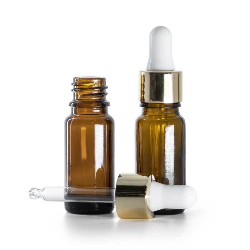 Flacon en verre ambré, type B, étroit, compte-gouttes blanc doré, 10 ml
