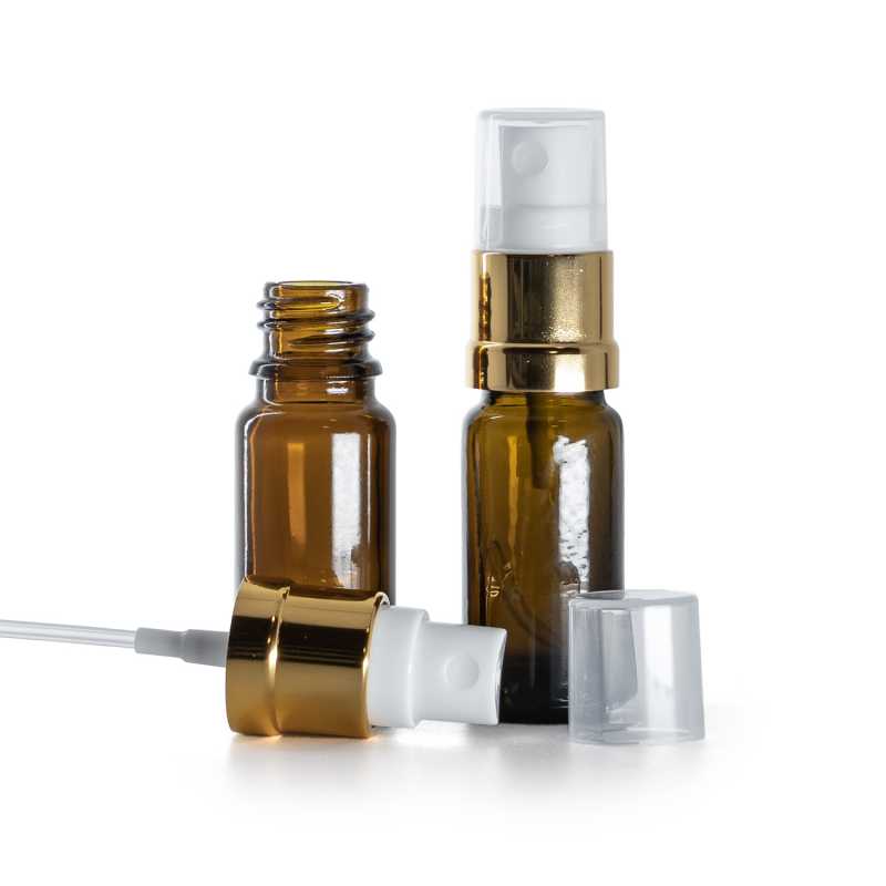 Flacon en verre ambré, type B, étroit, spray blanc doré, 10 ml