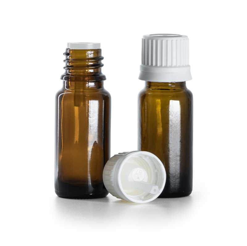 Flacon en verre ambré, type B, mince, bouchon blanc inviolable et compte-gouttes, 10 ml